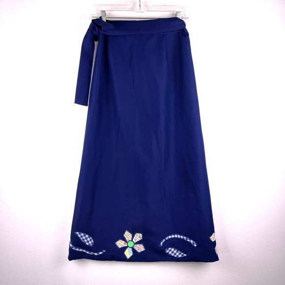 Vintage Wrap Long Skirt Blue White Patchwork Floral Gingham Plaid Women's Medium - Picture 3 of 13